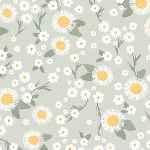 Chamomile flowers daisies buttercups and asters white flower garden mix romantic boho summer theme white orange mist green gray pastel neutral baby nursery 