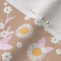 Chamomile flowers daisies buttercups and asters white flower garden mix romantic boho summer theme white orange pink on latte beige vintage seventies palette