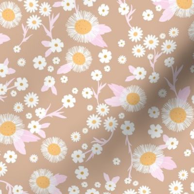 Chamomile flowers daisies buttercups and asters white flower garden mix romantic boho summer theme white orange pink on latte beige vintage seventies palette