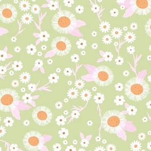 Chamomile flowers daisies buttercups and asters white flower garden mix romantic boho summer theme white orange pink on lime green nineties retro