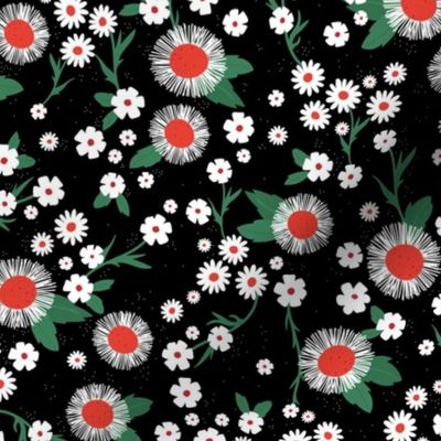 Chamomile flowers daisies buttercups and asters white flower garden mix romantic boho summer theme white green red christmas palette on black 