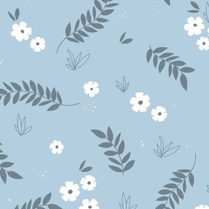 Petals leaves and flowers boho minimalist garden blossom white gray on moody blue