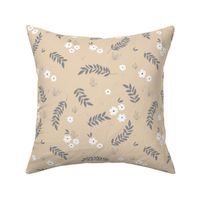 Petals leaves and flowers boho minimalist garden blossom white gray on caramel beige