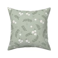 Petals leaves and flowers boho minimalist garden blossom white olive green on sage