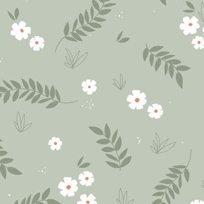 Petals leaves and flowers boho minimalist garden blossom white olive green on sage