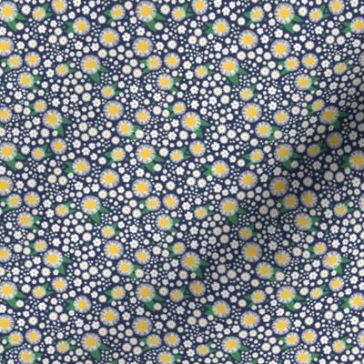 Sweet daisy ditsy flowers poppy blossom and sunflowers white yellow green on navy blue TINY 