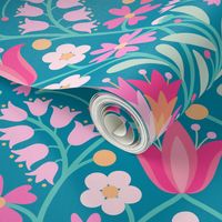 Folk embroidery flowers teal fuchsia Folk embroidery flowers vintage blue jumbo 24 s wallpaper scale by Pippa Shaw