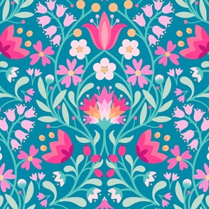 Folk embroidery flowers teal fuchsia Folk embroidery flowers vintage blue jumbo 24 s wallpaper scale by Pippa Shaw