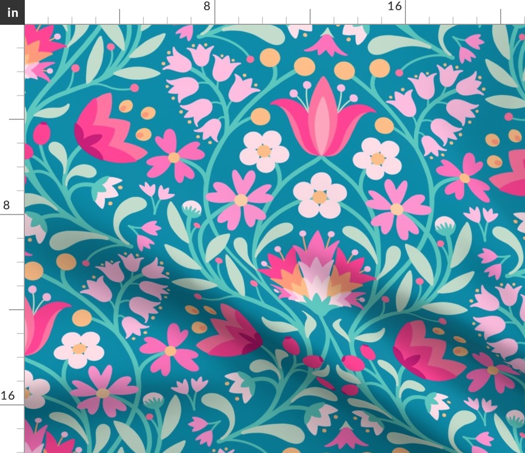 Folk embroidery flowers teal fuchsia Folk embroidery flowers vintage blue jumbo 24 s wallpaper scale by Pippa Shaw