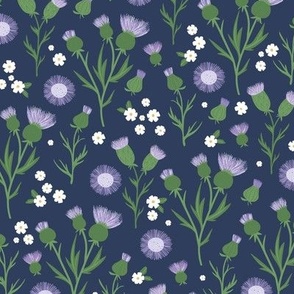 Thistles blossom romantic Scandinavian style flower garden thistle and daisy design green purple on navy