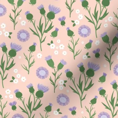 Thistles blossom romantic Scandinavian style flower garden thistle and daisy design green purple lilac on blush peach