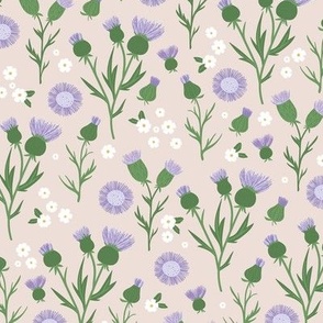 Thistles blossom romantic Scandinavian style flower garden thistle and daisy design green purple lilac on blush beige 
