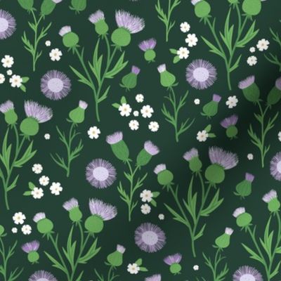 Thistles blossom romantic Scandinavian style flower garden thistle and daisy design green purple lilac on pine green