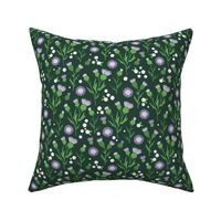 Thistles blossom romantic Scandinavian style flower garden thistle and daisy design green purple lilac on pine green