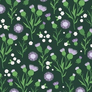 Thistles blossom romantic Scandinavian style flower garden thistle and daisy design green purple lilac on pine green