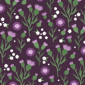 Thistles blossom romantic Scandinavian style flower garden thistle and daisy design green purple fuchsia on purple