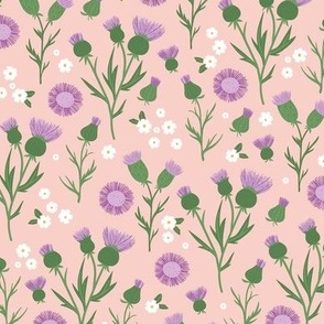 Thistles blossom romantic Scandinavian style flower garden thistle and daisy design green purple fuchsia on blush pink 