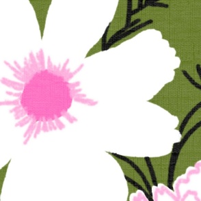 Loose Wildflowers Spring Garden Mix On Dark Olive Green With Hot Pink Accents Mid-Century Modern Retro Flower Print Illustrated Silhouette Ditzy Cottage Farmhouse Meadow Floral Pattern