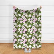 Loose Wildflowers Spring Garden Mix On Dark Olive Green With Hot Pink Accents Mid-Century Modern Retro Flower Print Illustrated Silhouette Ditzy Cottage Farmhouse Meadow Floral Pattern
