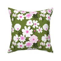 Loose Wildflowers Mini Spring Garden Mix On Dark Olive Green With Hot Pink Accents Mid-Century Modern Retro Flower Print Illustrated Silhouette Ditzy Cottage Farmhouse Meadow Floral Pattern