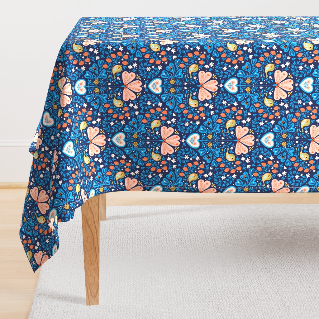 Folksy strawberry garden - dark blue (smaller scale)