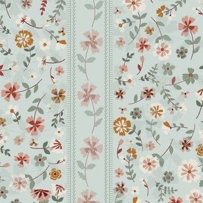 crafted heritage vintage flowers and cross stitches stripe on mint 