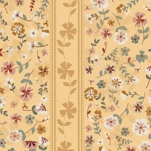 crafted heritage vintage flowers and cross stitches stripe on soft ochre