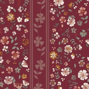 crafted heritage vintage flowers and cross stitches stripe on dark red