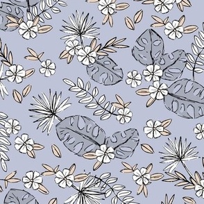 Tropical leaves and hibiscus flowers summer raw freehand botanical garden island boho style nursery design white beige on blue   