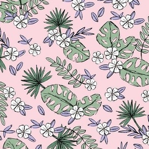 Tropical leaves and hibiscus flowers summer raw freehand botanical garden island boho style nursery design white sage green lilac on blush pink 