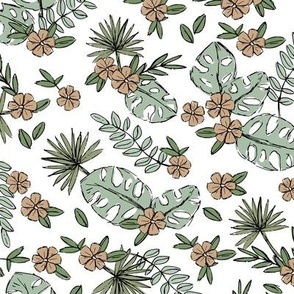 Tropical leaves and hibiscus flowers summer raw freehand botanical garden island boho style nursery design sage green caramel on white