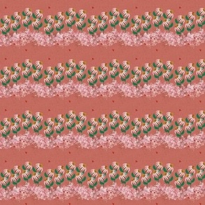 Tiny - Pink Echinacea Flowers and Ladybugs on Coral Linen Background