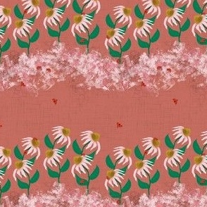 Medium - Pink Echinacea Flowers and Ladybugs on Coral Linen Background