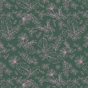 Tropical leaves and hibiscus flowers raw minimalist freehand botanical garden island boho style nursery design winter pink on pine green