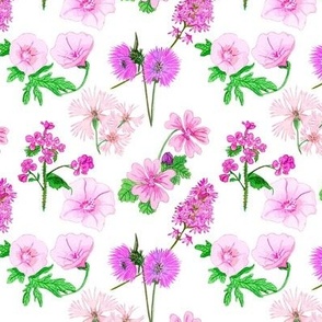 Small pink Flowers on white, small, 5-inch repeat