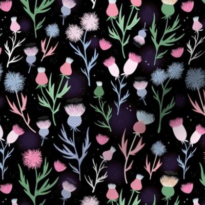 Moody Thistles - Retro style romantic flower blossom green pink lilac on black 