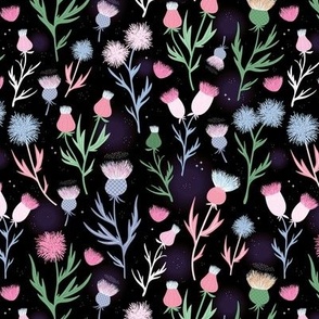 Moody Thistles - Retro style romantic flower blossom green pink lilac on black 