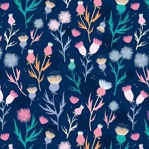 Moody Thistles - Retro style romantic flower blossom teal pink orange on navy blue 