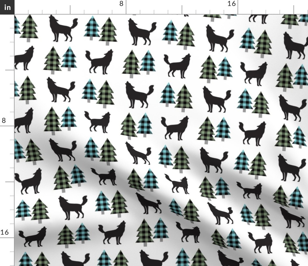 Wolves and Trees (forest green / blue / black plaid)