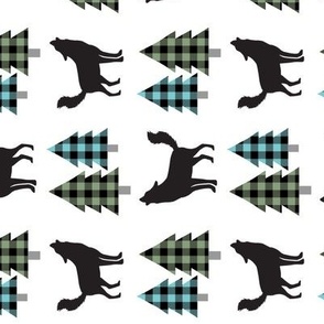 Wolves and Trees (forest green / blue / black plaid) rotated