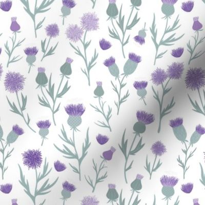 Vintage Thistles - Scandinavian style romantic flower blossom mist green lilac purple on white 