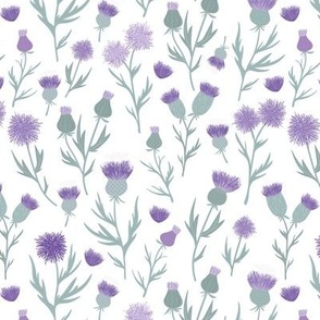 Vintage Thistles - Scandinavian style romantic flower blossom mist green lilac purple on white 