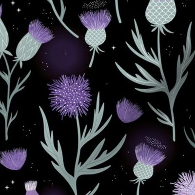 Vintage Thistles - Scandinavian style romantic flower blossom mist green lilac purple on black night  LARGE