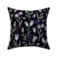 Vintage Thistles - Scandinavian style romantic flower blossom mist green lilac purple on black night  LARGE