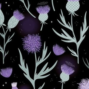 Vintage Thistles - Scandinavian style romantic flower blossom mist green lilac purple on black night  LARGE