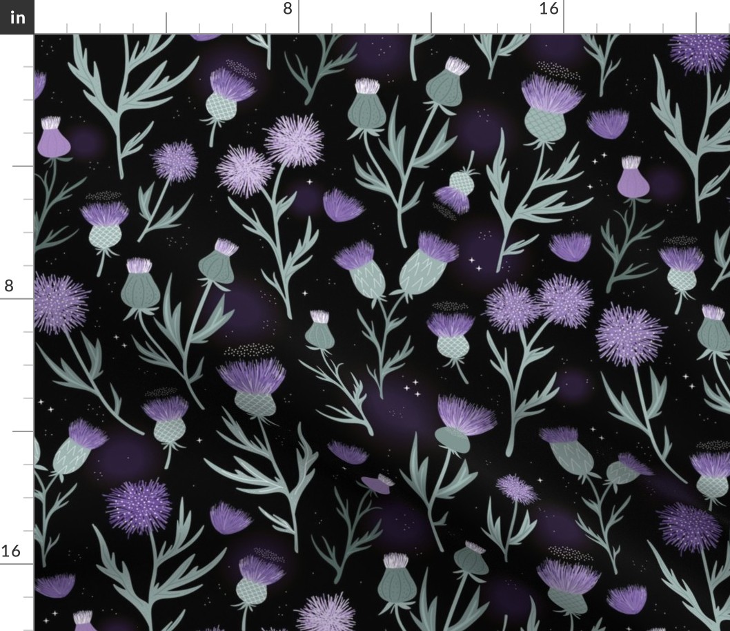 Vintage Thistles - Scandinavian style romantic flower blossom mist green lilac purple on black night  LARGE