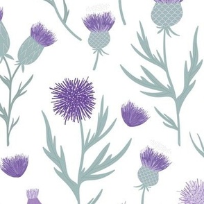 Vintage Thistles - Scandinavian style romantic flower blossom mist green lilac purple on white LARGE