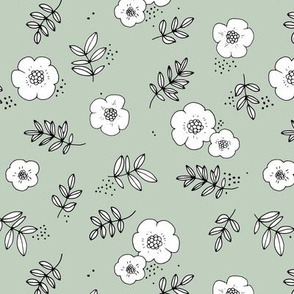The boho garden romantic buttercup blossom and leaves vintage botanical nursery design on sage green