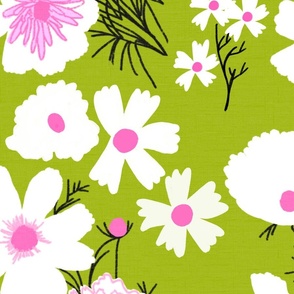 Loose Wildflowers Big Spring Garden Mix On Light Grass Green With Hot Pink Accents Mid-Century Modern Retro Flower Print Illustrated Silhouette Ditzy Cottage Farmhouse Meadow Floral Pattern