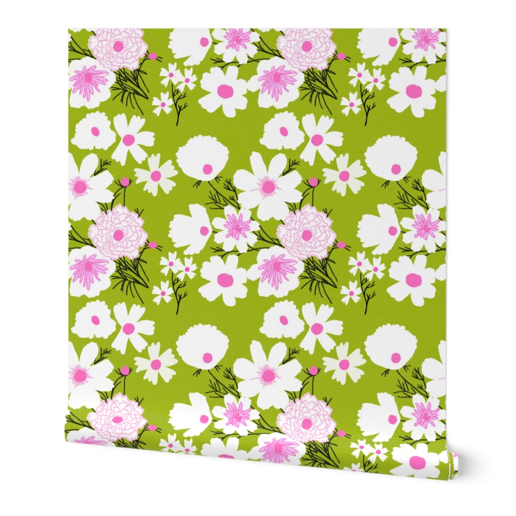 Loose Wildflowers Spring Garden Mix On Light Grass Green With Hot Pink Accents Mid-Century Modern Retro Flower Print Illustrated Silhouette Ditzy Cottage Farmhouse Meadow Floral Pattern